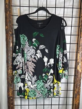 Alfani Black Top with Green Leaf Detail